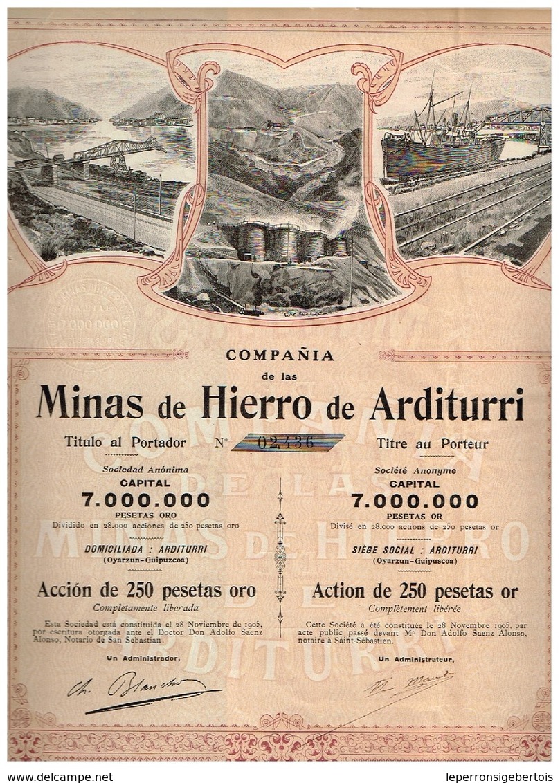 Ancienne Action -Compañia De Las Minas De Hierro De Arditurri  - Titre De 1905 N°02436 - Mines