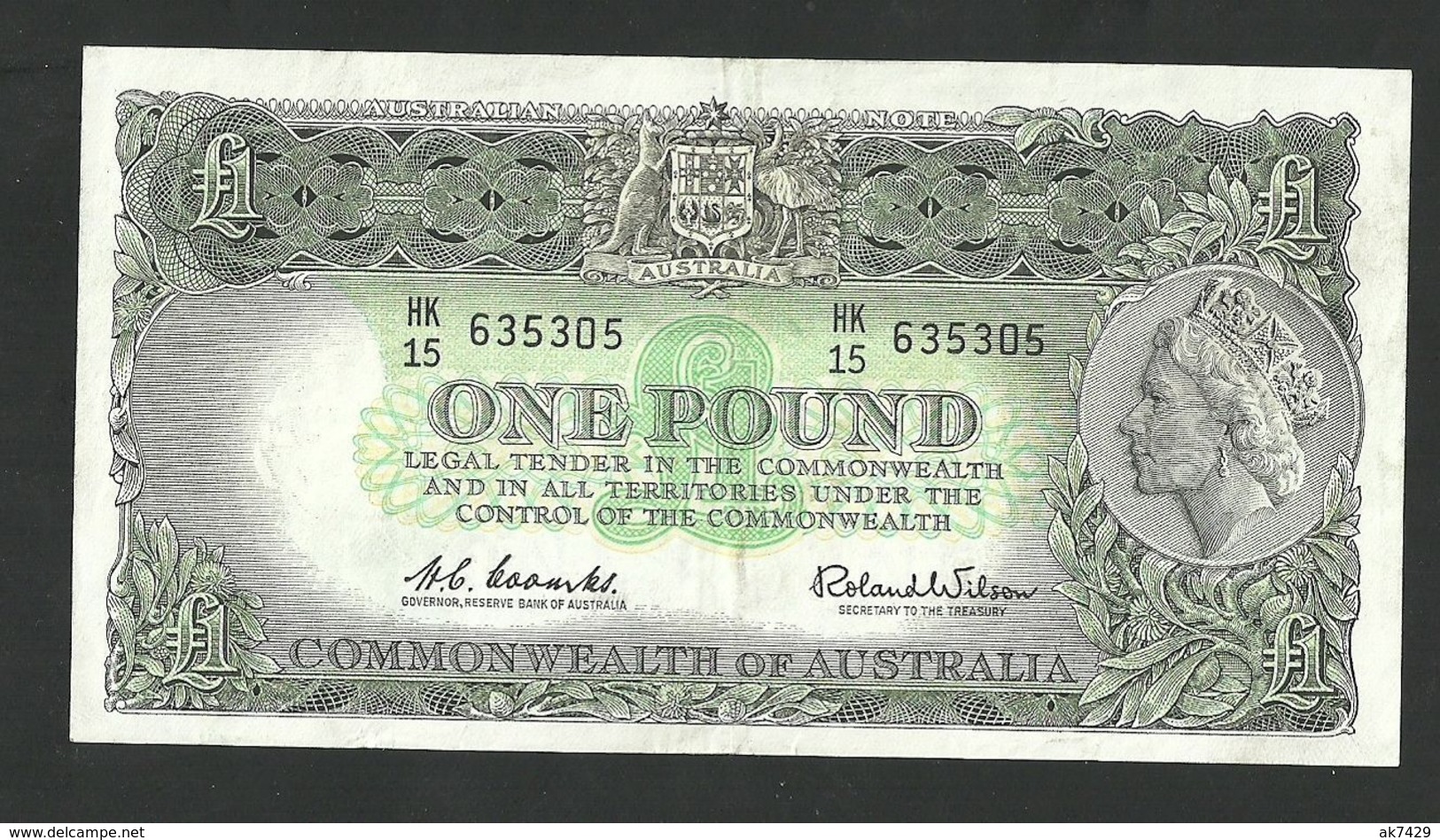 AUSTRALIA 1 POUND 1960 COOMBS-WILSON PREFIX HK/15 PICK#34a VF+ BANKNOTE - 1960-65 Reserve Bank Of Australia