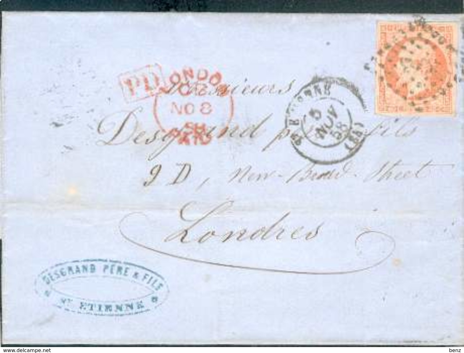 FRANCE NAPOLEON III 40C SAINT-ETIENNE POUR LONDRES VIA PARIS ET CALAIS + PD 5 NOVEMBRE 1858 TB - 1853-1860 Napoleon III