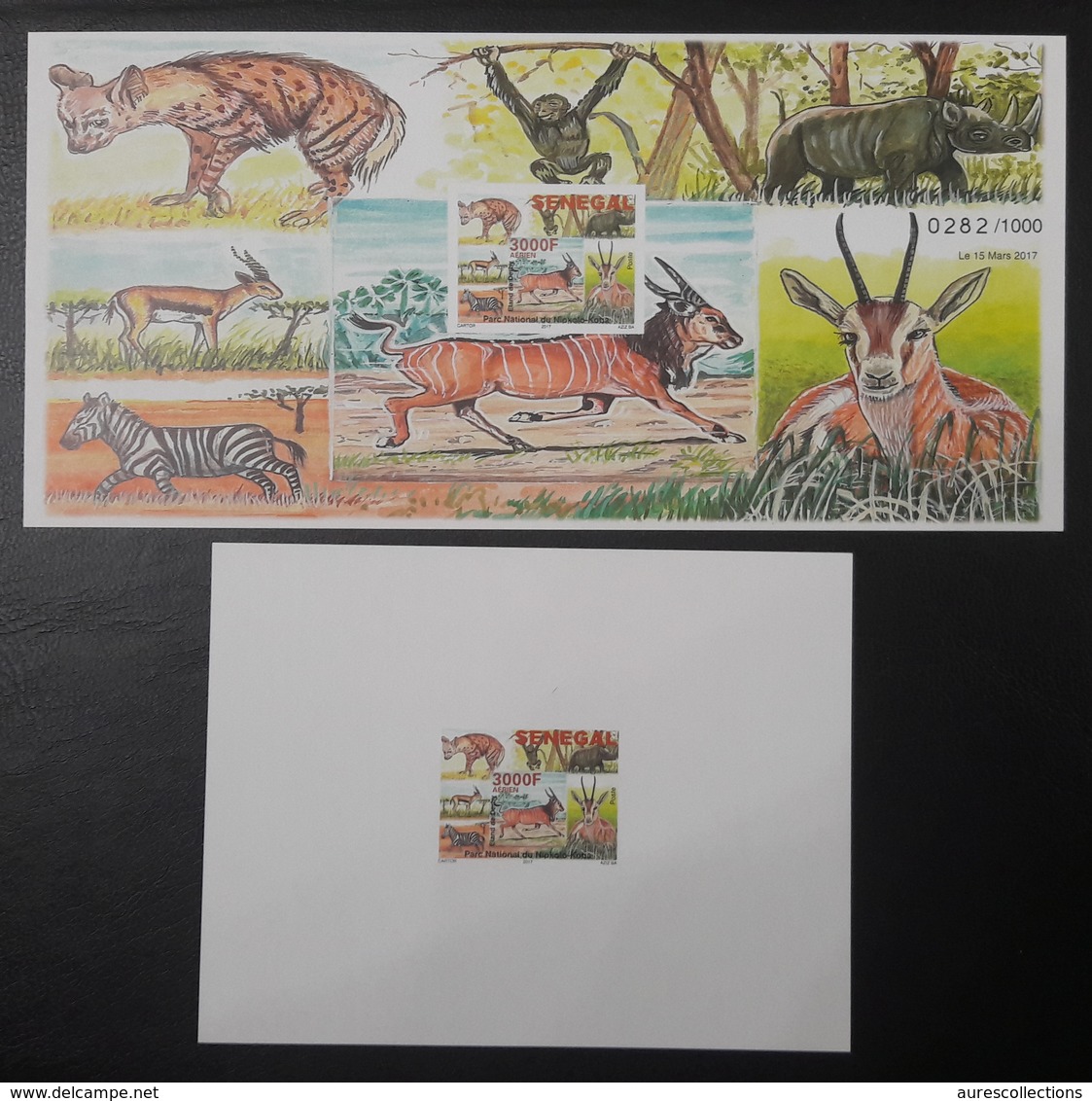 SENEGAL 2017 IMPERF SHEET + PROOF EPREUVE + BLOC ND FAUNA NATIONAL PARK FELINS CATS APES MONKEYS RHINOCEROS HYENA MNH ** - Sénégal (1960-...)