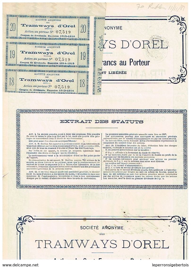 Ancienne Action - Sté Anonyme Des Tramways D' Orel -  Titre De 1896 N°07519 - Spoorwegen En Trams