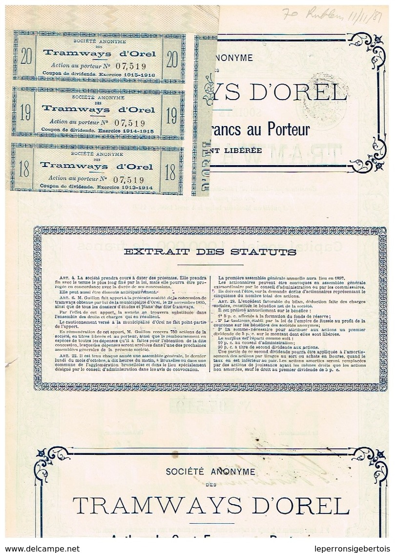 Ancienne Action - Sté Anonyme Des Tramways D' Orel -  Titre De 1896 N°07519 - Ferrocarril & Tranvías