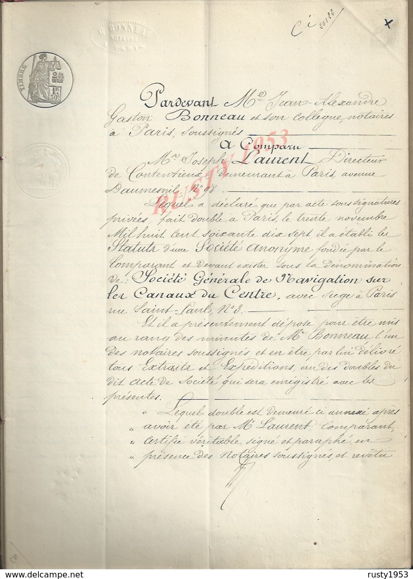 PARIS 1877 ROANNE ACTE CRÉATION DE LA SOCIÉTÉ GÉNÉRALE DE NAVIGATION SUR LES CANAUX DU CENTRE BATEAUX 35 PAGES : - Manuscrits