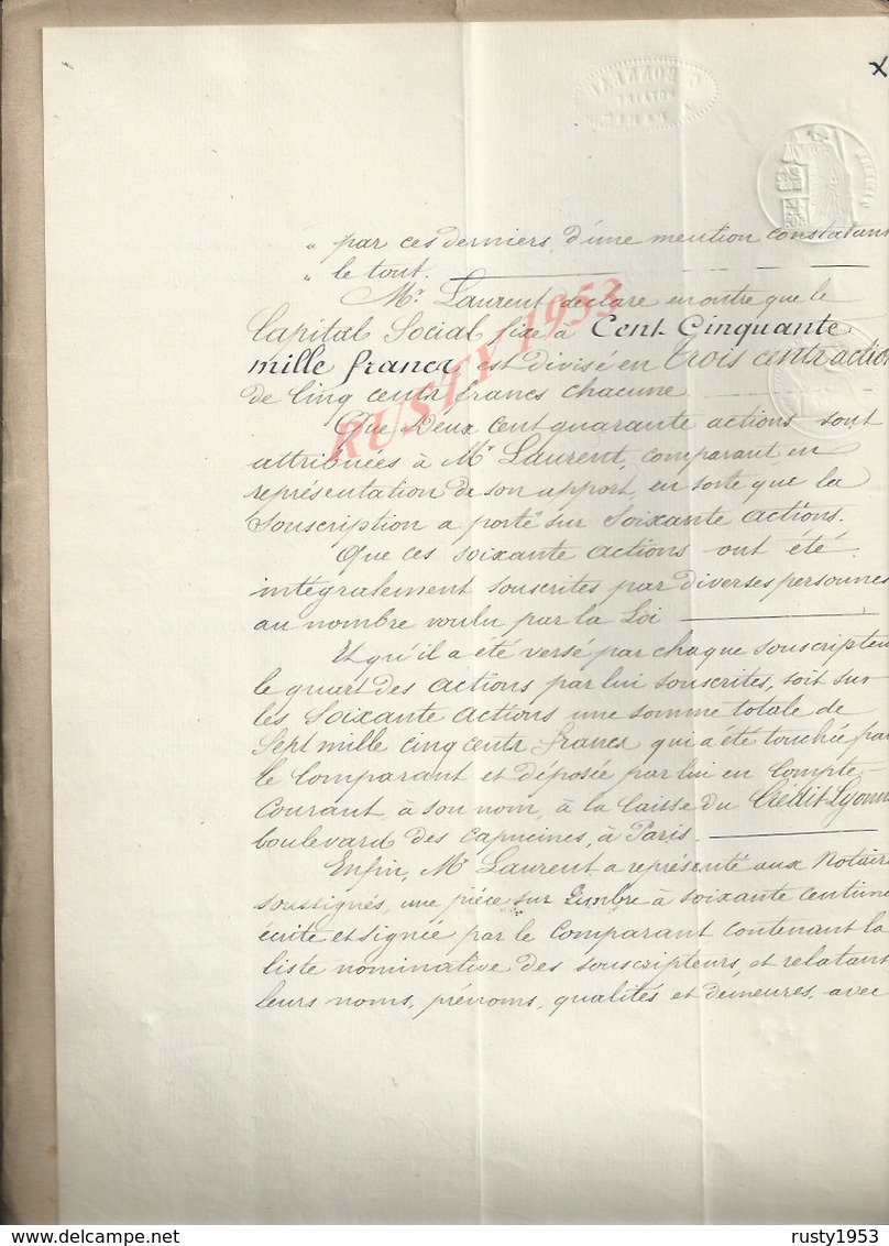 PARIS 1877 ROANNE ACTE CRÉATION DE LA SOCIÉTÉ GÉNÉRALE DE NAVIGATION SUR LES CANAUX DU CENTRE BATEAUX 35 PAGES : - Manuscrits