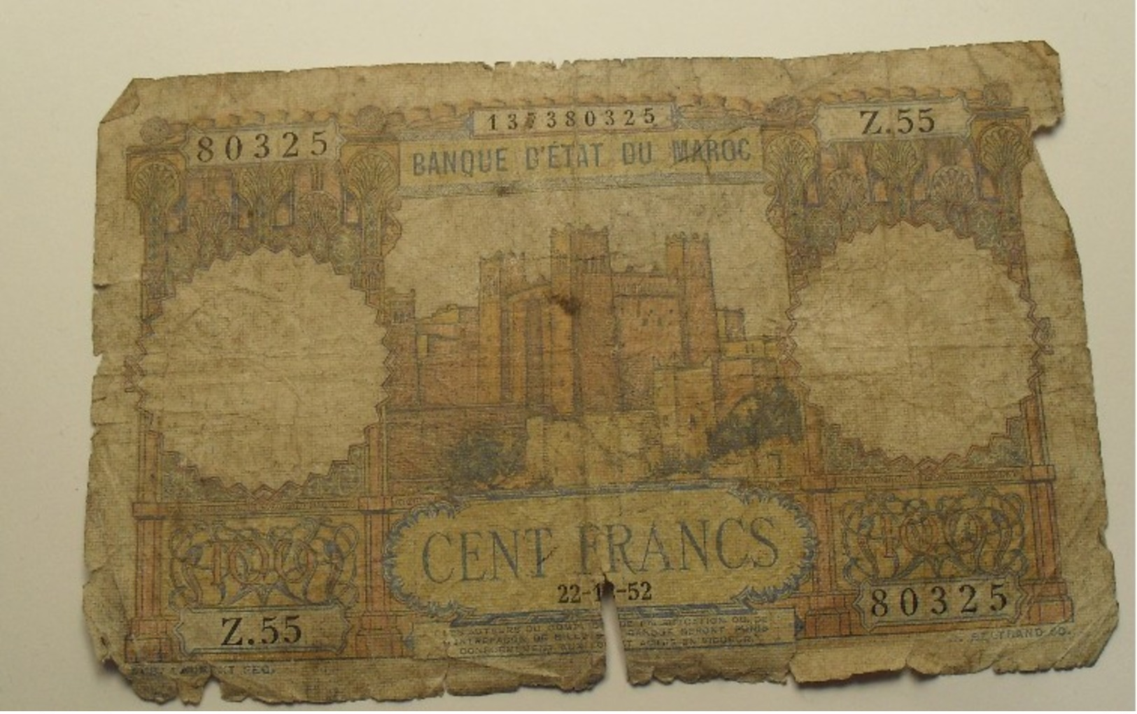 1952 - Maroc - Morocco - 100 FRANCS, Forteresse - 22-12-52, 137380325  Z.55 - Maroc