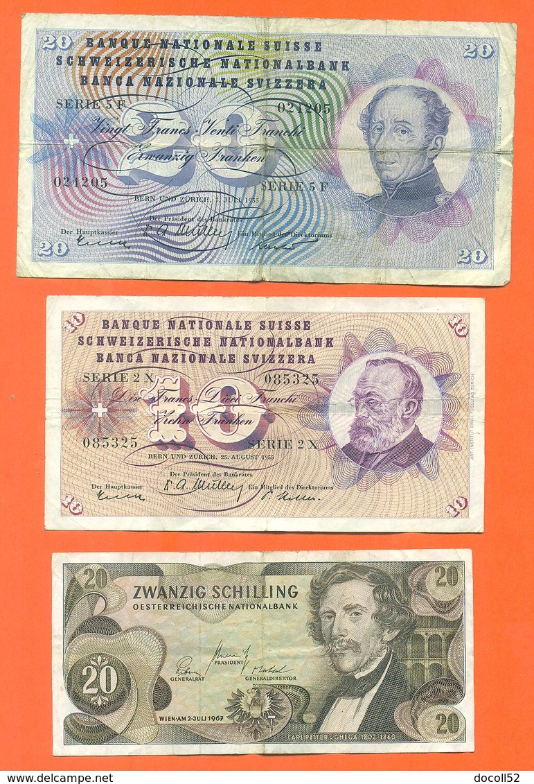 Lot De 2 Billets De La Banque De Suisse 30 Françs + 1 Billet 20 Schillings Autriche - Lots & Kiloware - Banknotes