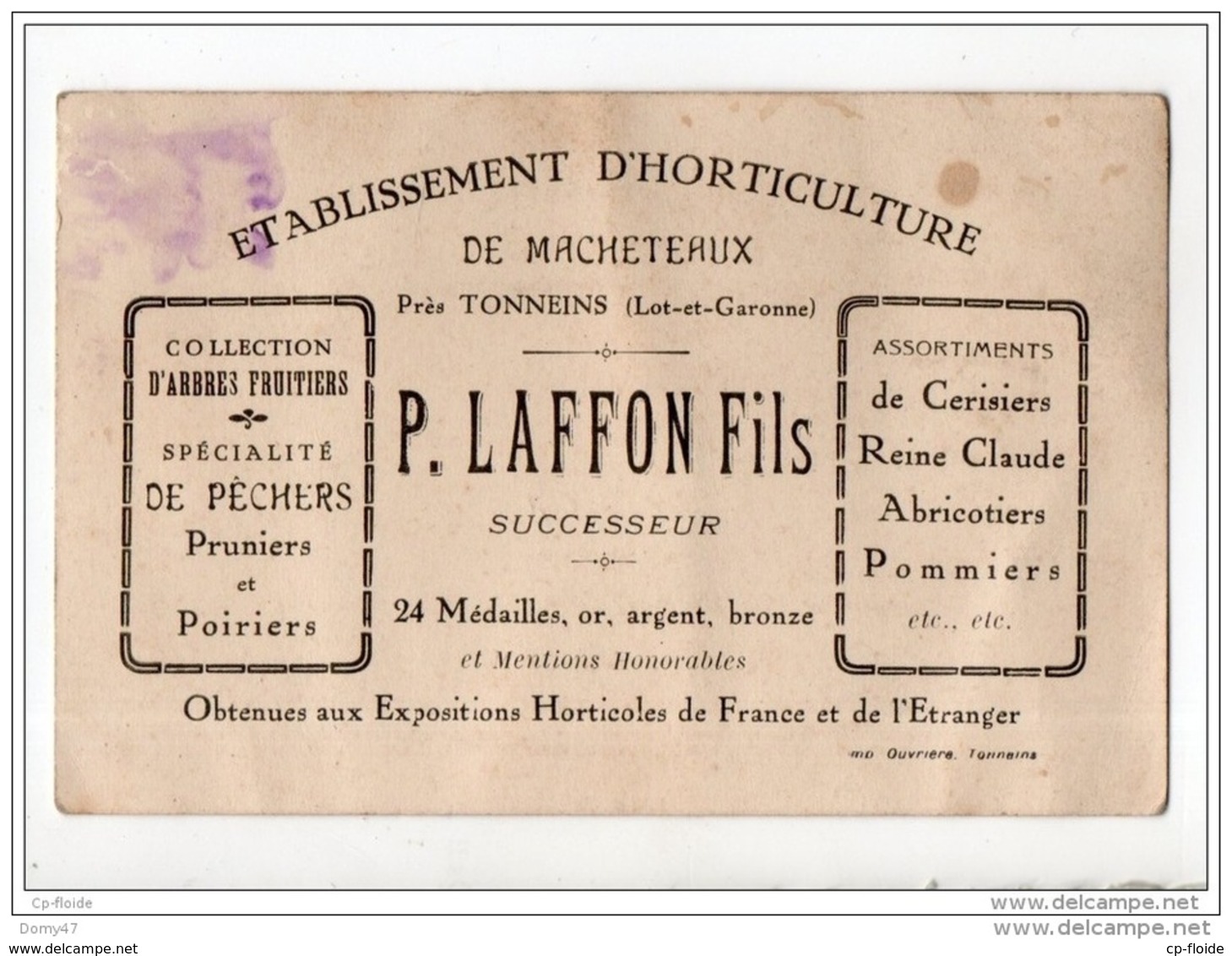 47 - ÉTABLISSEMENT D'HORTICULTURE DE MACHETEAUX PRÈS TONNEINS . P. LAFFON FILS SUCCESSEUR . CERISIERS - Réf. N°7494 - - Cartes De Visite