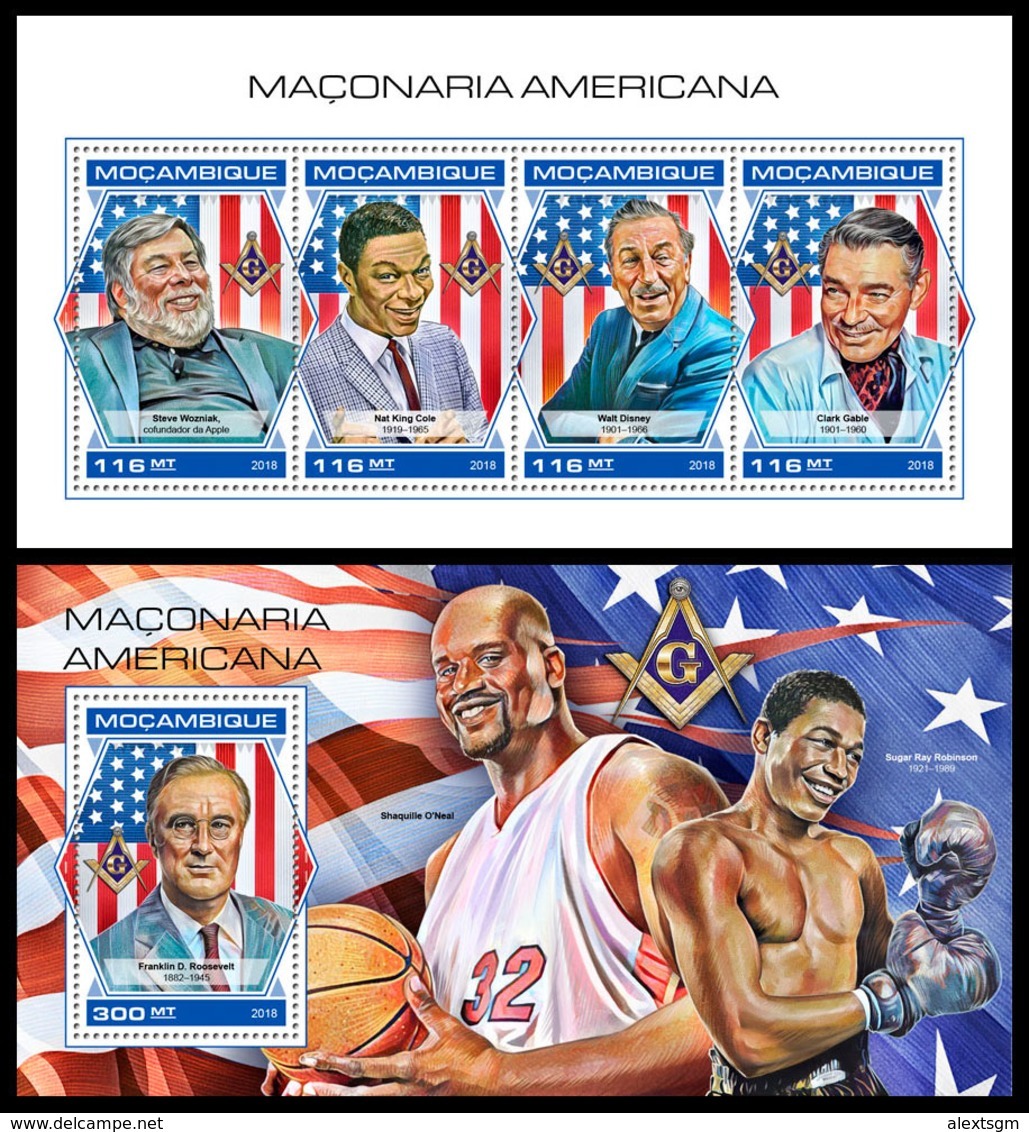 MOZAMBIQUE 2018 - American Freemasonry, M/S + S/S. Official Issue - Franc-Maçonnerie