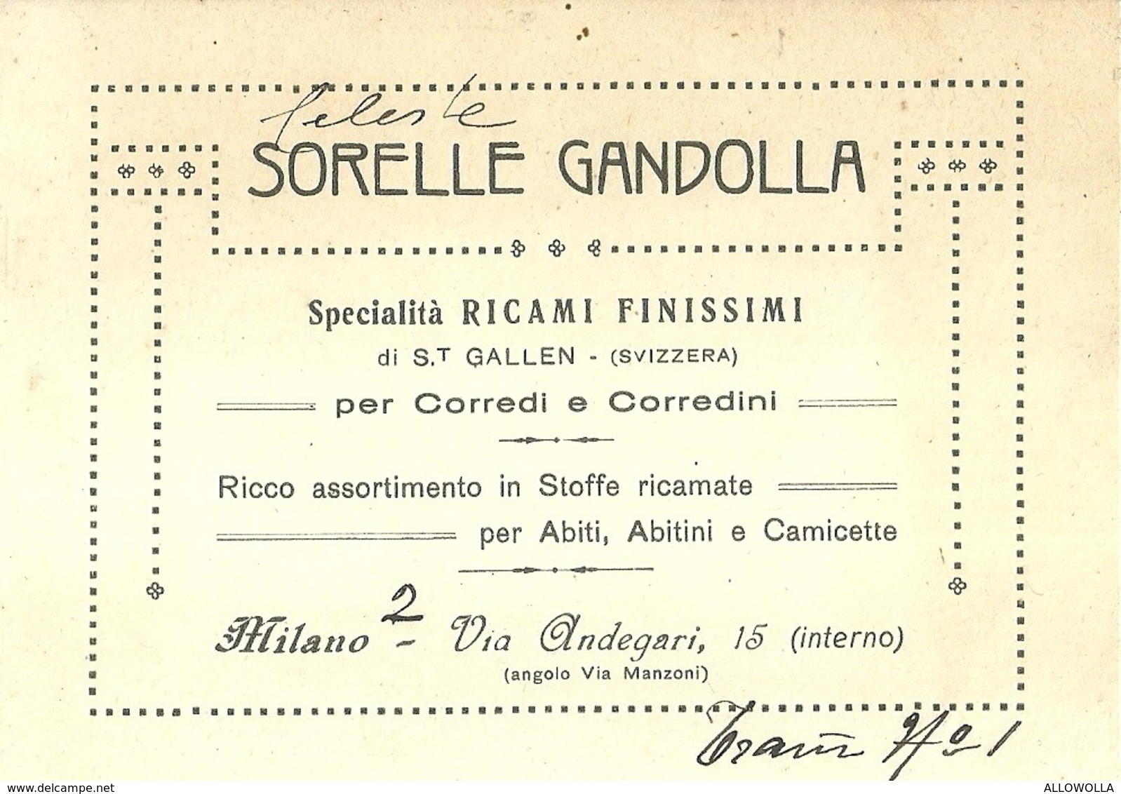 1301 " SORELLE GANDOLLA - SPECIALITA' RICAMI FINISSIMI PER CORREDI E CORREDINI - MILANO"    BIGLIETTO ORIGINALE - Cartoncini Da Visita