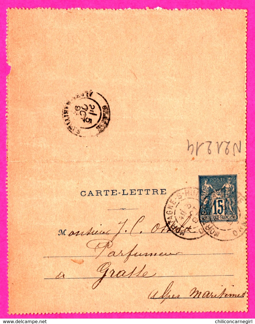 Carte Lettre 15 C Sage Bleu - Entier Postal - Oblit. Mortagne Sur Huine ( Orne ) Vers Grasse - OSSOLA Parfumeur - 1893 - Cartes-lettres