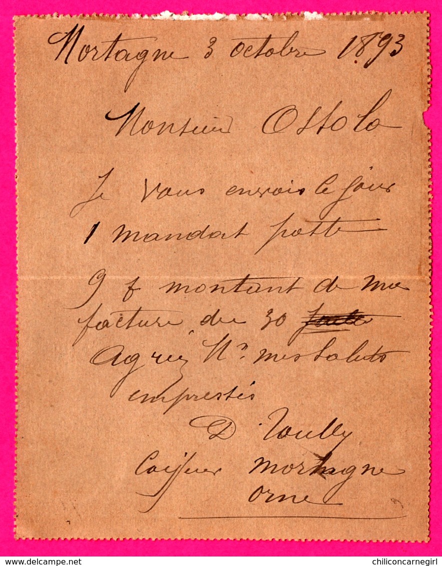 Carte Lettre 15 C Sage Bleu - Entier Postal - Oblit. Mortagne Sur Huine ( Orne ) Vers Grasse - OSSOLA Parfumeur - 1893 - Cartes-lettres