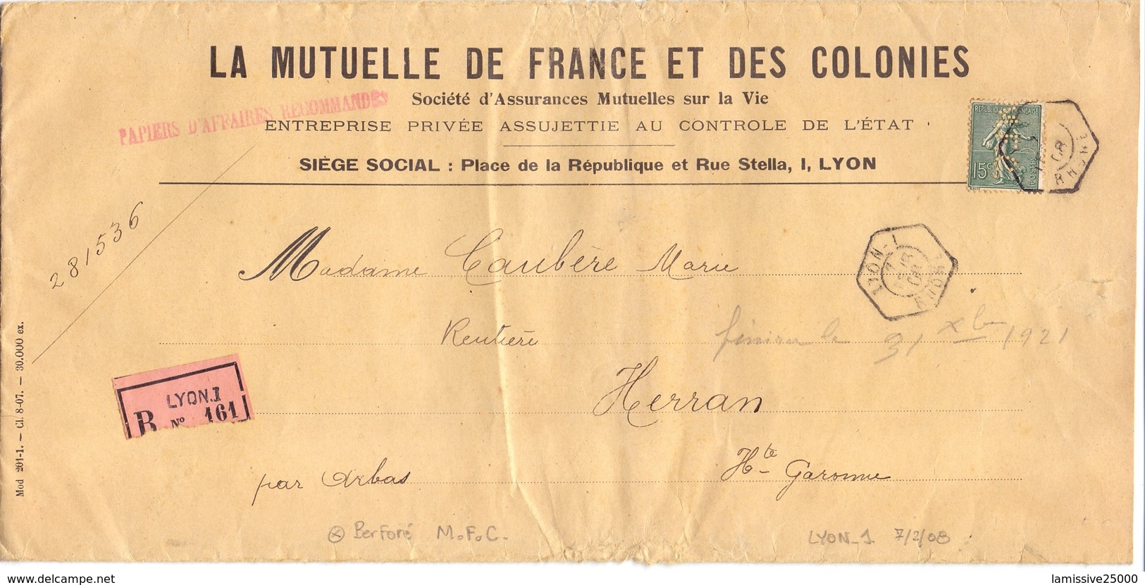 Semeuse Lettre Recommandé Papiers D Affaires Hexagonale Lyon 1 Rhone Mutuelle De France Et Des Collonies Perforé MFC - Sonstige & Ohne Zuordnung