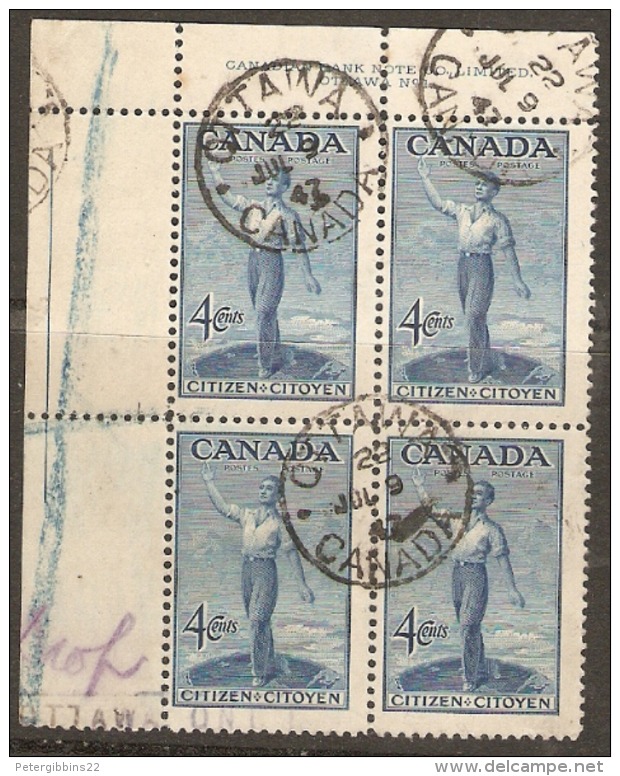 Canada  1947  SG  409 Citizen Fine Used Corner Block Of Four - Otros & Sin Clasificación