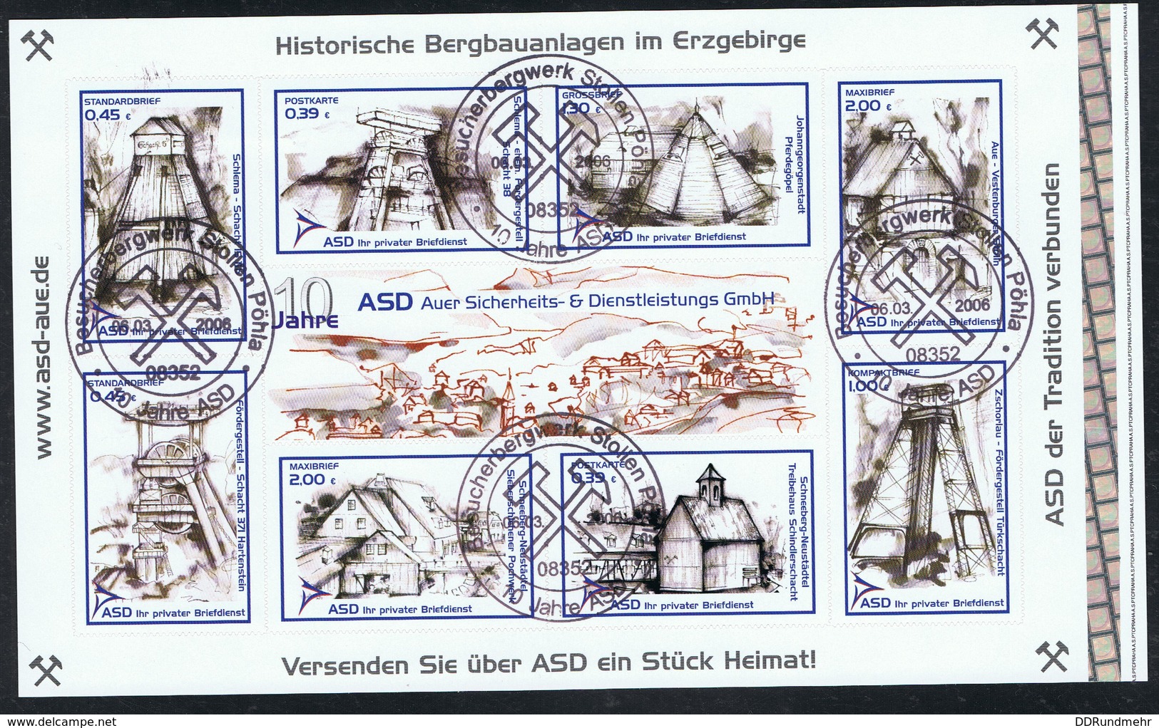 Privatpost ASD Aue Block 1 Mit Den Marken 13-20 Mit Sonderstempel: 06.03.2006 Besucherbergwerk Stollen Pöhla - Sonstige & Ohne Zuordnung