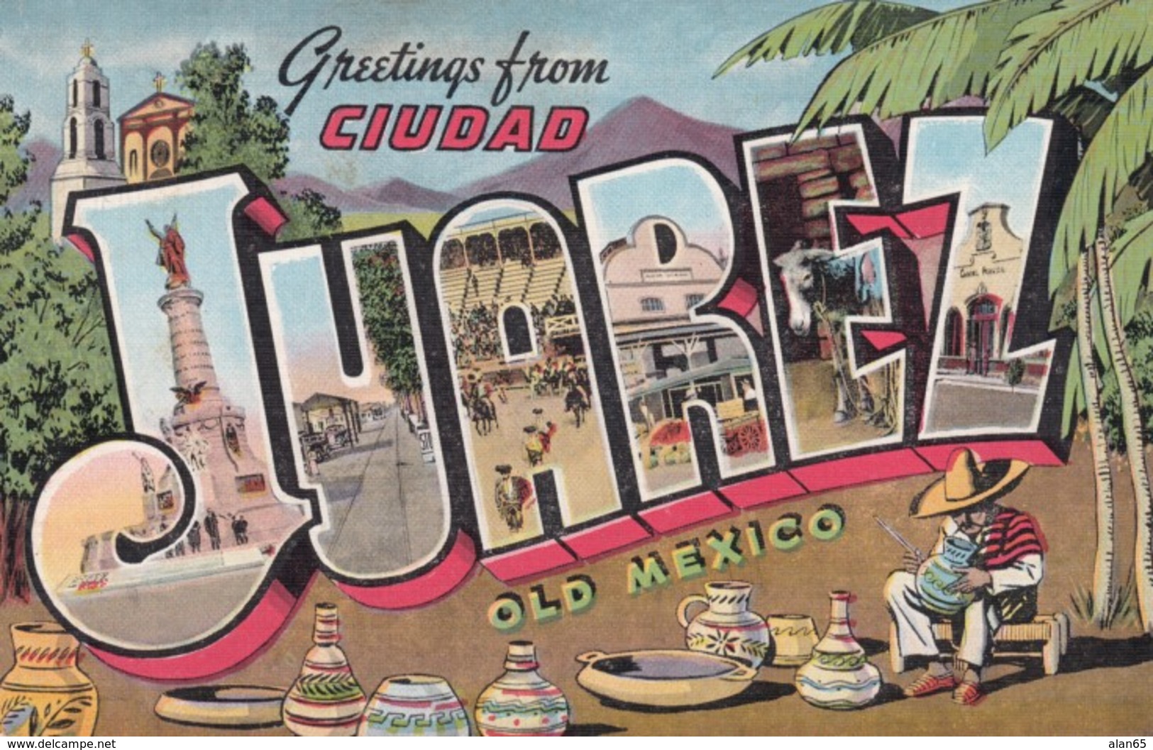 Greetings From Ciudad Juarez Mexico Large Letter Greetings, WWII Censor Markings, C1940s Vintage Postcard - Mexico