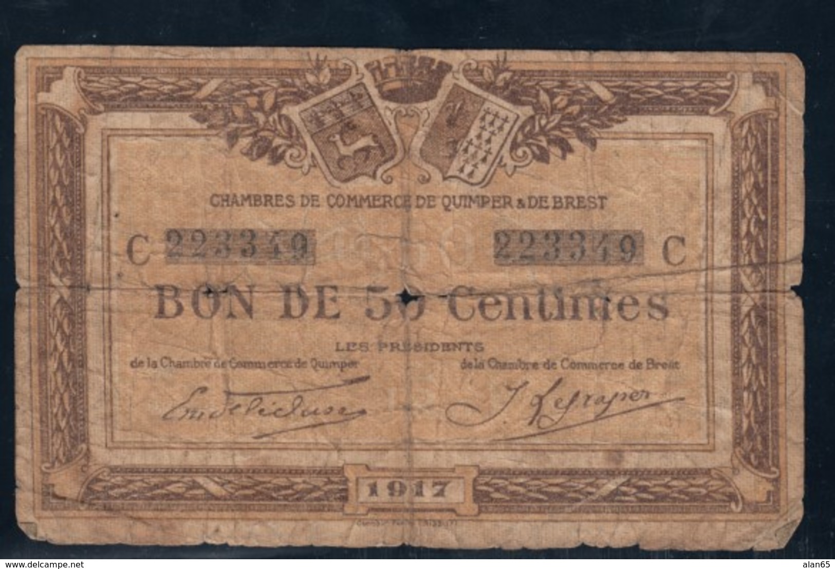 Quimper & Brest Chambre De Commerce 1917 50c Note - Chambre De Commerce