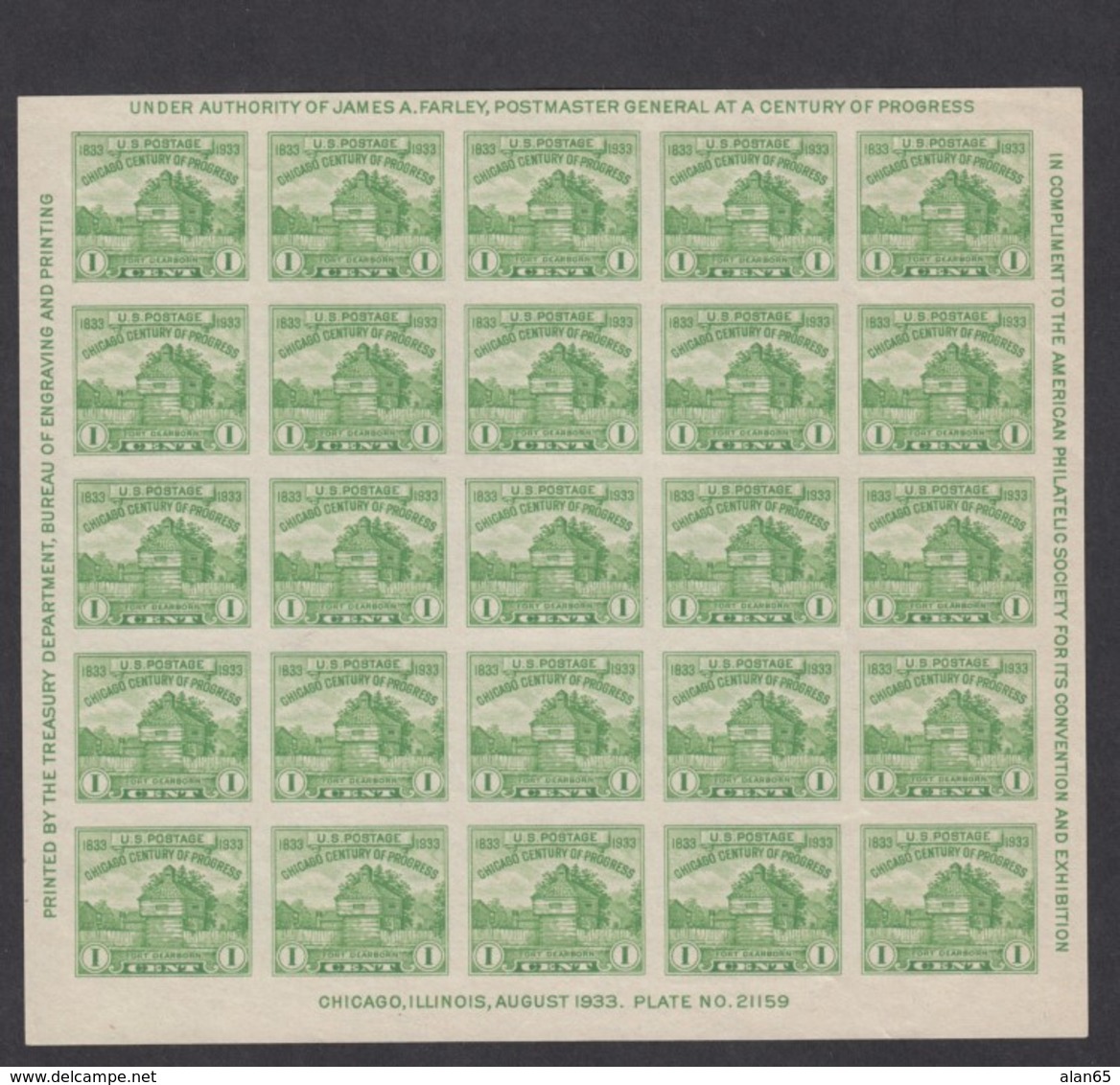 Sc#730, 1c Fort Dearborn American Philatelic Society Souvenir Sheet Of 25 1933 Issue - Neufs