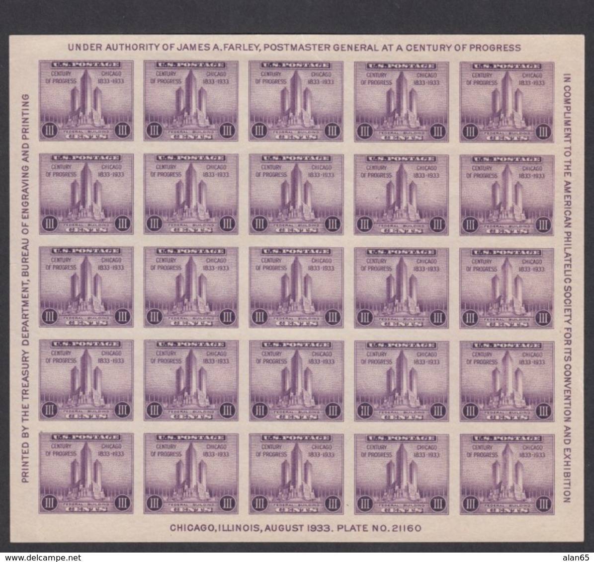 Sc#731, 3c Chicago Federal Building American Philatelic Society Souvenir Sheet Of 25 1933 Issue - Unused Stamps