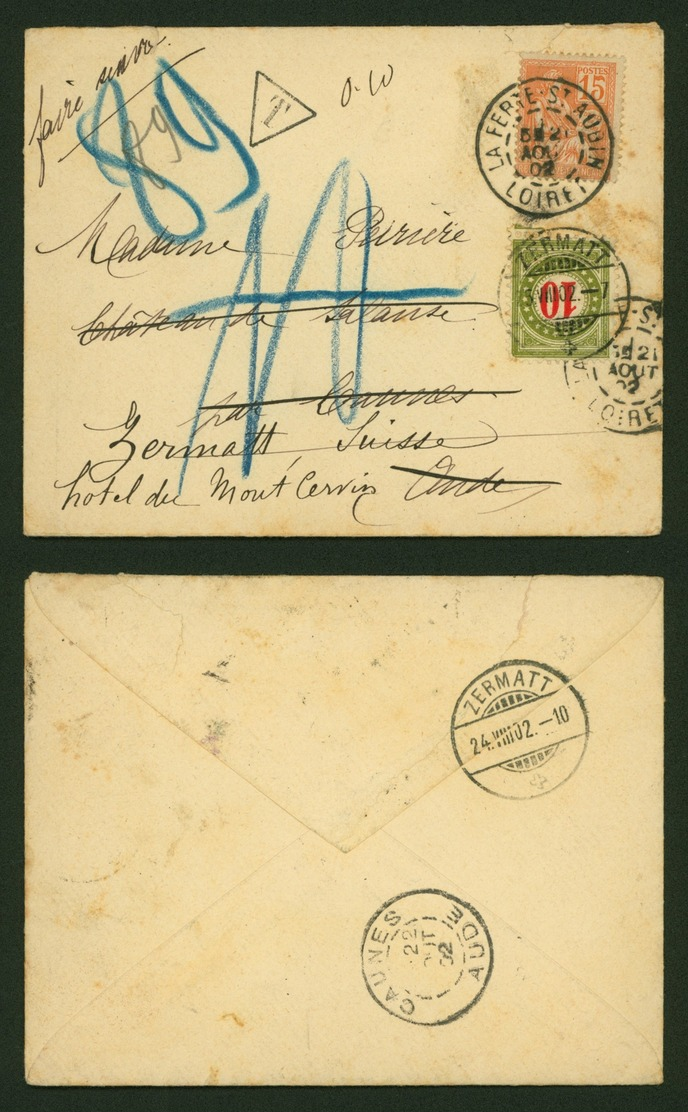 1902 - LETTRE FRANCE - YV 117 SUR LETTRE DE LA FERTE ST AUBIN 21/08/1902 VERS ZERMATT SUISSE ET TAXE - LL878 - Non Classés