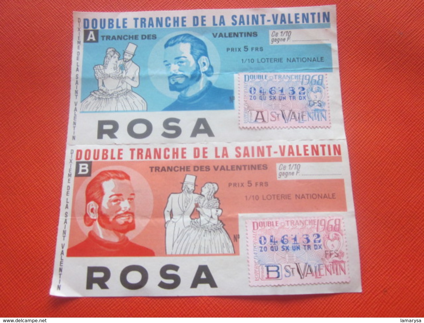 1968-ROSA DOUBLE TRANCHE SAINT VALENTIN-2 Billets De La Loterie Nationale+VIGNETTE-IMPRIMÉE TAILLE DOUCE - Billets De Loterie