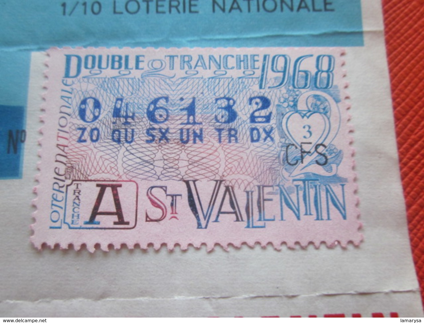 1968-ROSA DOUBLE TRANCHE SAINT VALENTIN-2 Billets De La Loterie Nationale+VIGNETTE-IMPRIMÉE TAILLE DOUCE - Billets De Loterie