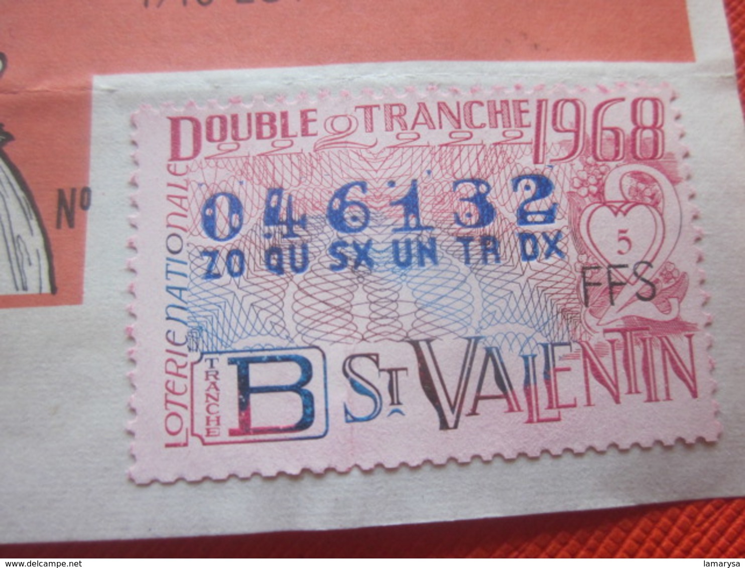 1968-ROSA DOUBLE TRANCHE SAINT VALENTIN-2 Billets De La Loterie Nationale+VIGNETTE-IMPRIMÉE TAILLE DOUCE - Billets De Loterie