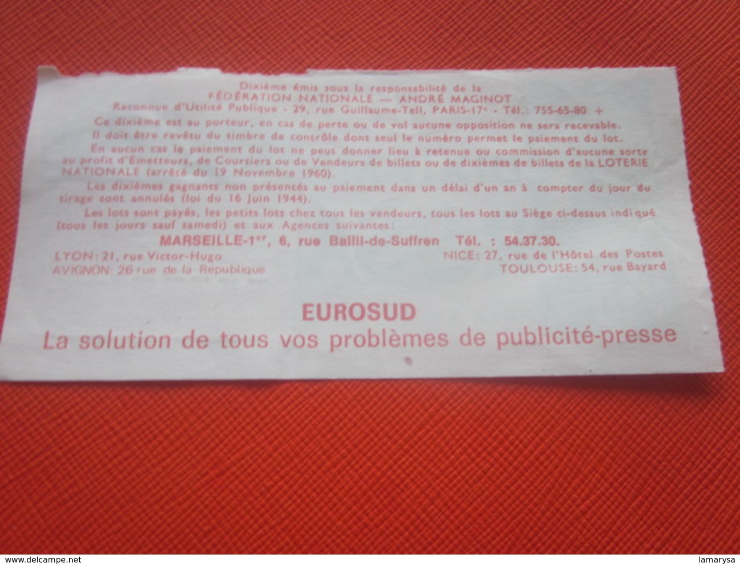 1976-1/10é ROSA -TRANCHE JUMELLE AUTOMNE-EUROSUD- Billet De La Loterie Nationale+VIGNETTE-IMPRIMÉE TAILLE DOUCE - Biglietti Della Lotteria