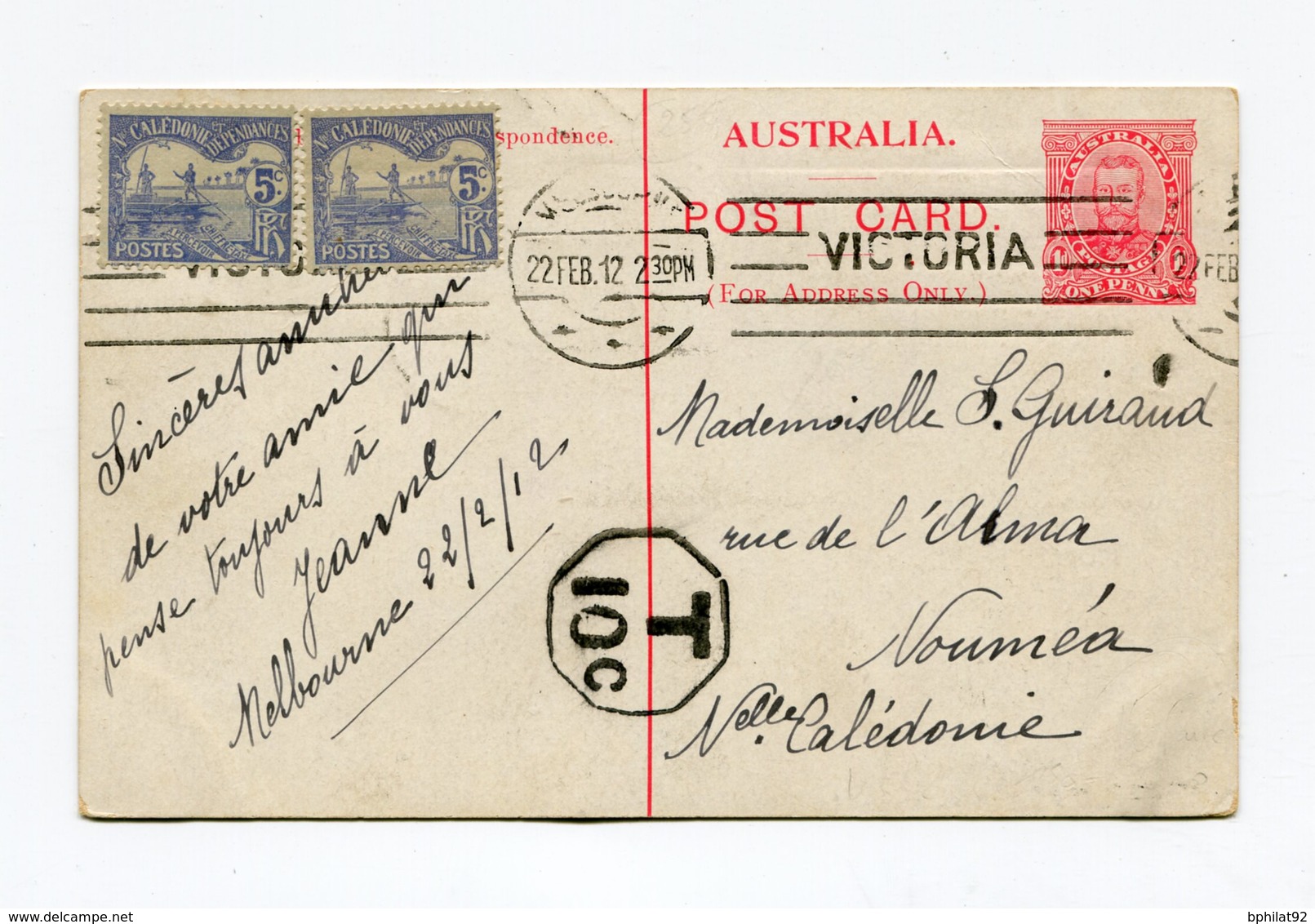 !!! PRIX FIXE : ENTIER AUSTRALIEN DE 1912 POUR NOUMEA TAXE A L'ARRIVEE EN NOUVELLE CALEDONIE - Lettres & Documents