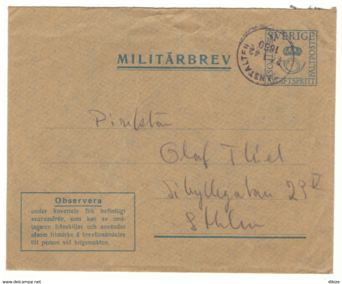 Enveloppe En Franchise Militaire. Suéde. Cachet 1942 - Militaires