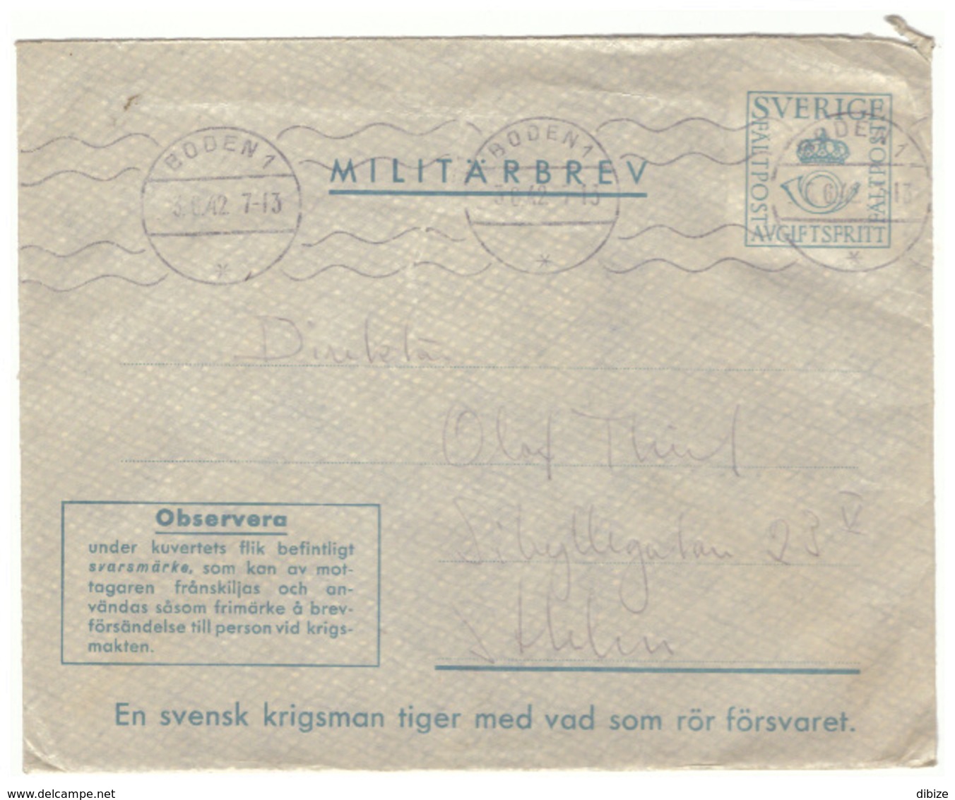 Marcophilie : Enveloppe En Franchise Militaire. Suéde. 3 Cachets 1942. - Militaires