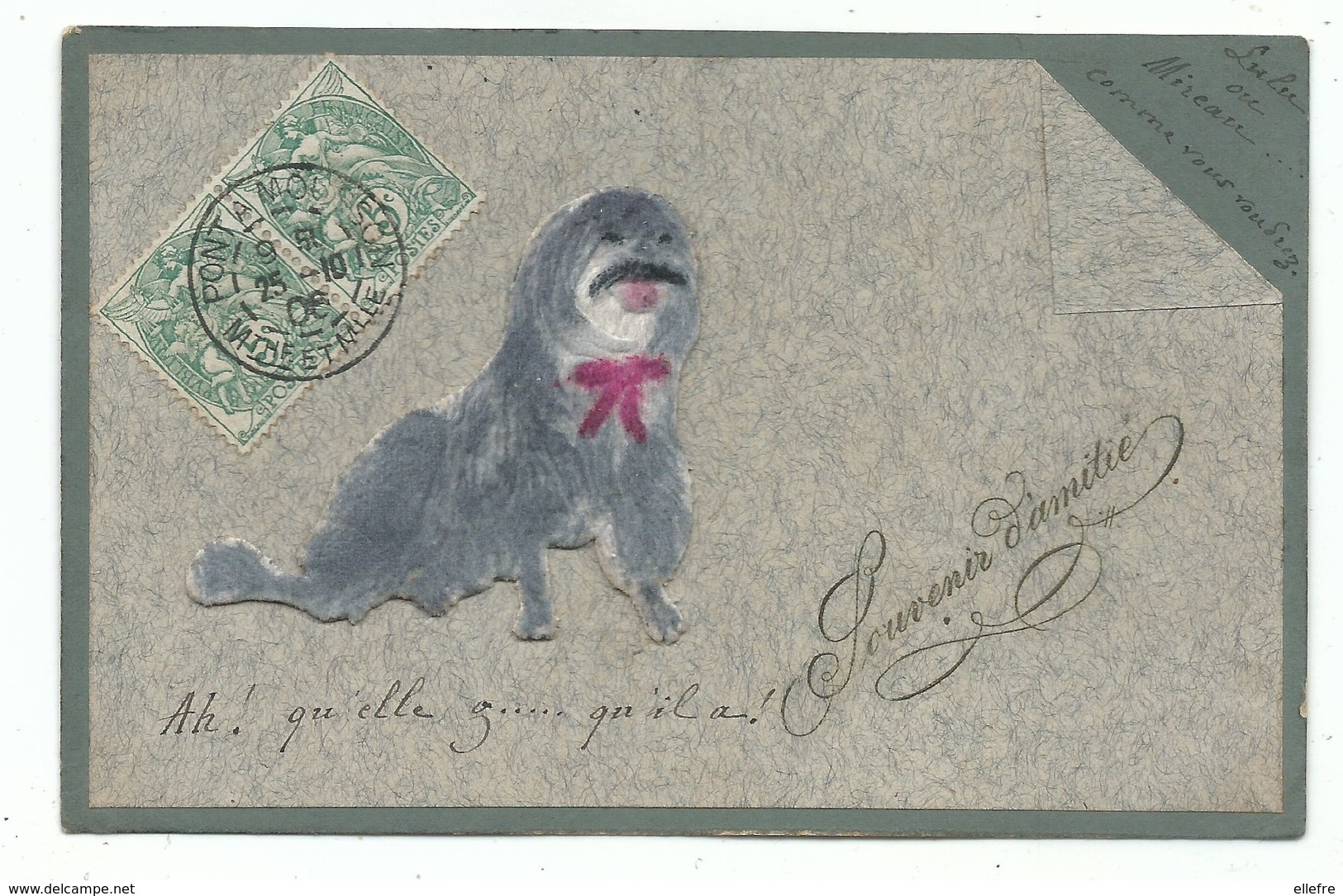 CPA Carte Fantaisie Souvenir Chien Tissu Velours En Relief - Expédiée De Pont à Mousson 1906 Pour Nancy - Brodées