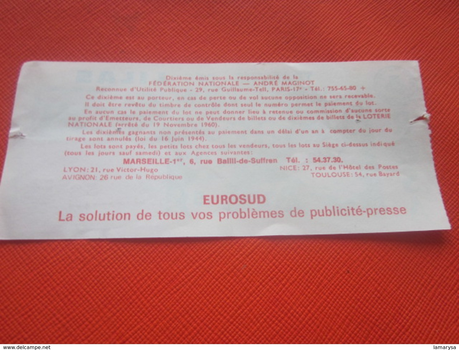 1976-1/10é ROSA--TRANCHE DES LILAS -EUROSUD-Billet De La Loterie Nationale+VIGNETTE-IMPRIMÉE TAILLE DOUCE - Billets De Loterie