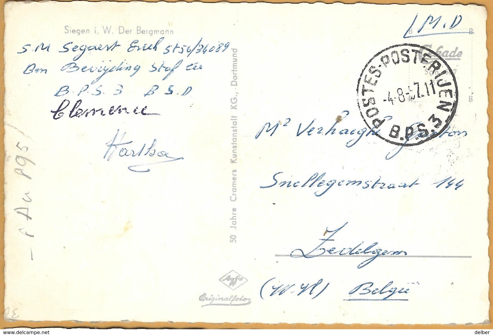 8Aa-895: POSTES-POSTERIJEN B.P.S 3. -4-8-57.11 > Zedelgem: Pk: Siegen I. W. Der Bergmann - Marcas De La Armada