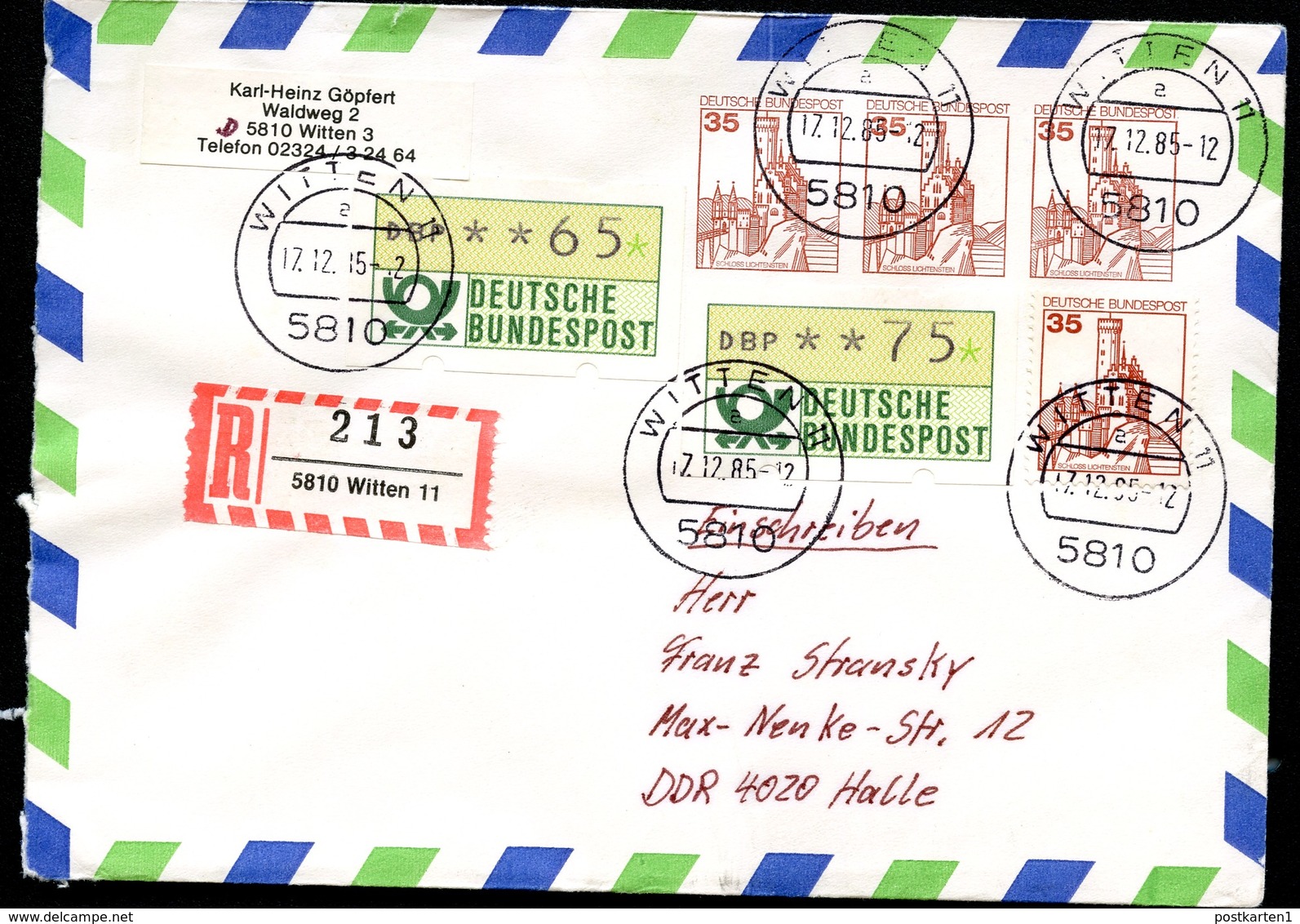 Bund PU268 A2/001 Gebraucht EINSCHREIBEN Witten-Halle 1985 - Enveloppes Privées - Oblitérées