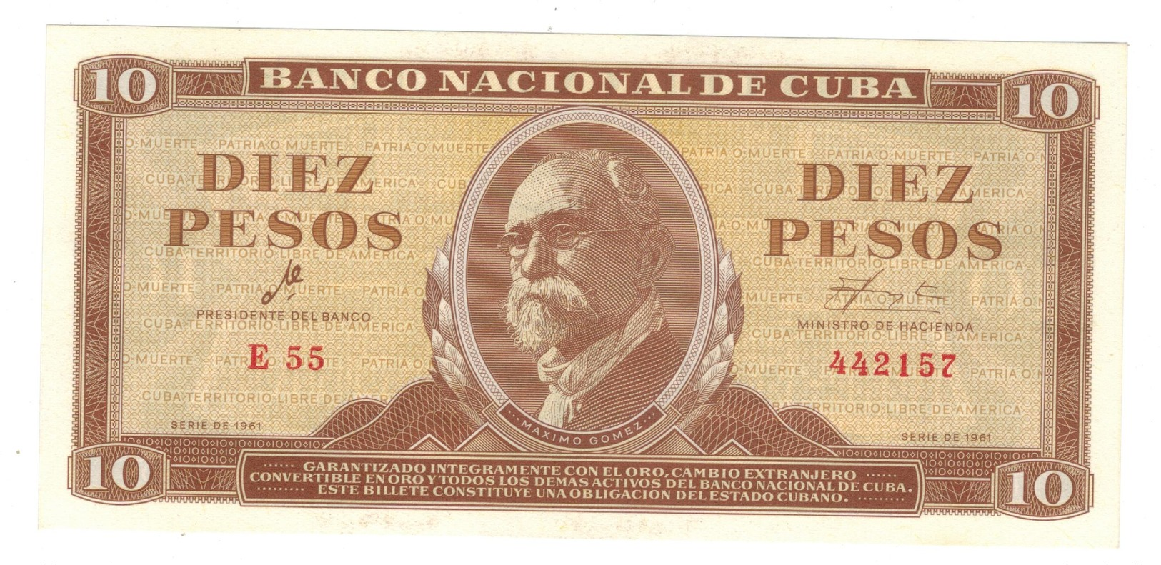 Cuba 10 Pesos 1961, AUNC/UNC. - Cuba