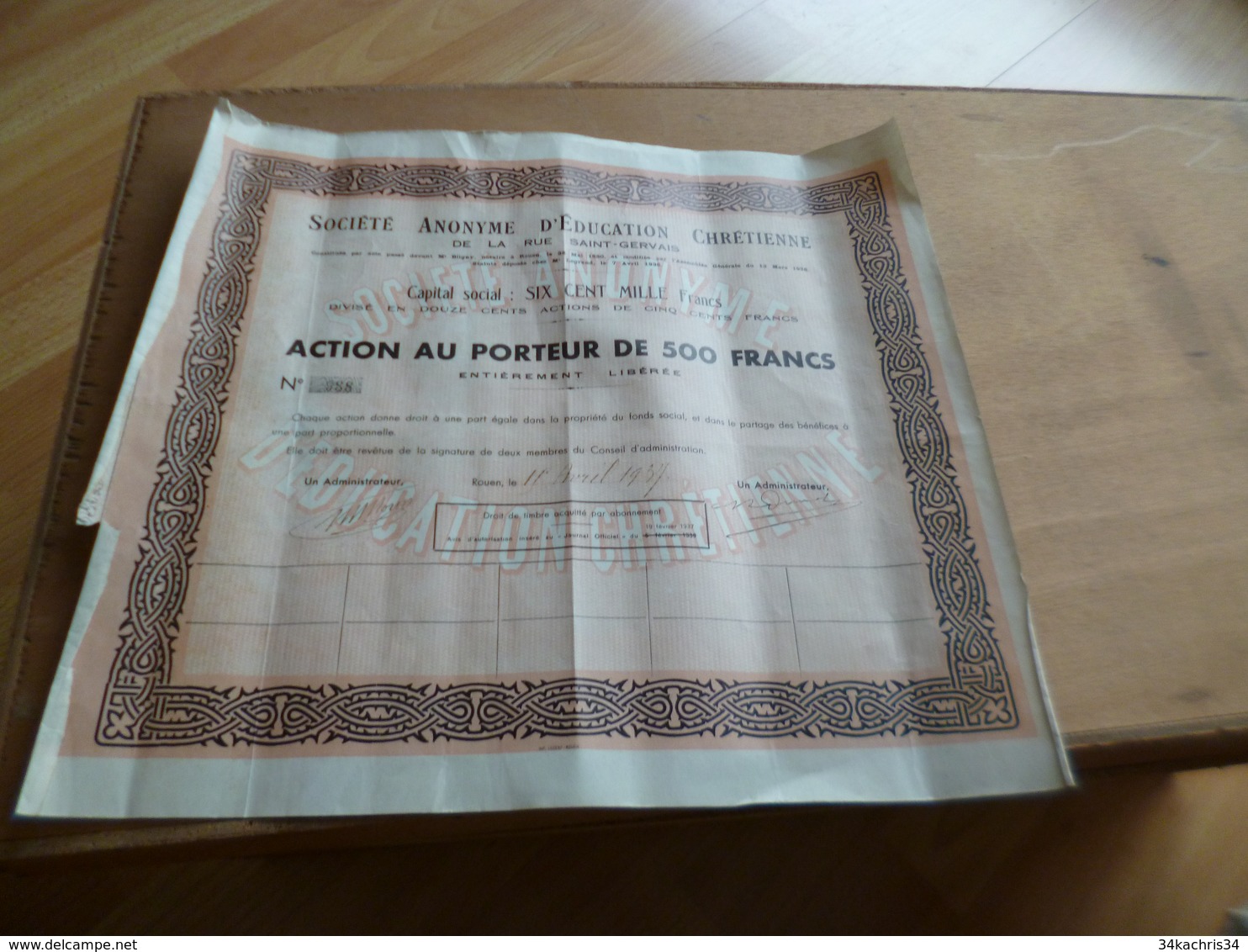 Action Obligation 500F Société Anonyme D'éducation Chrétienne Rouen 1937 - Altri & Non Classificati