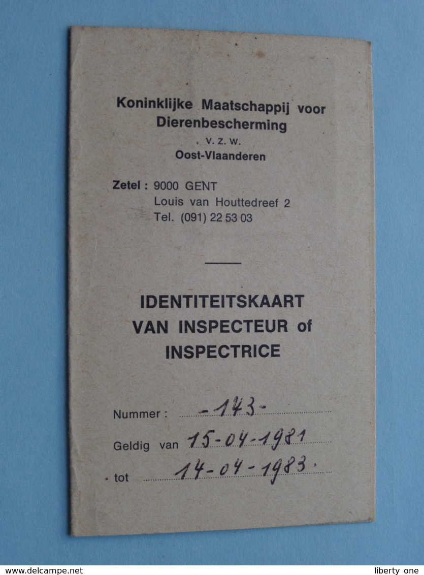DIERENBESCHERMING Oost Vlaanderen - IDENTITEITSKAART Van INSPECTEUR T.e.m. 1987 ( Zie/voir Photo ) ! - Other & Unclassified