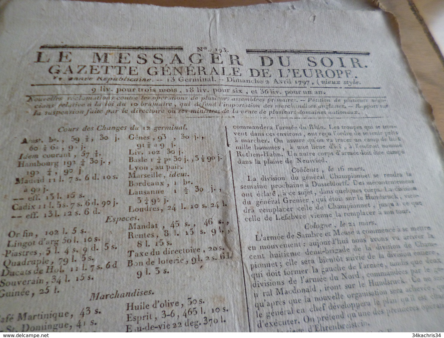 Journal Révolution Le Messager Du Soir Gazette Europe N°193 02/04/1797 France,Allemagne,.. - Zeitungen - Vor 1800