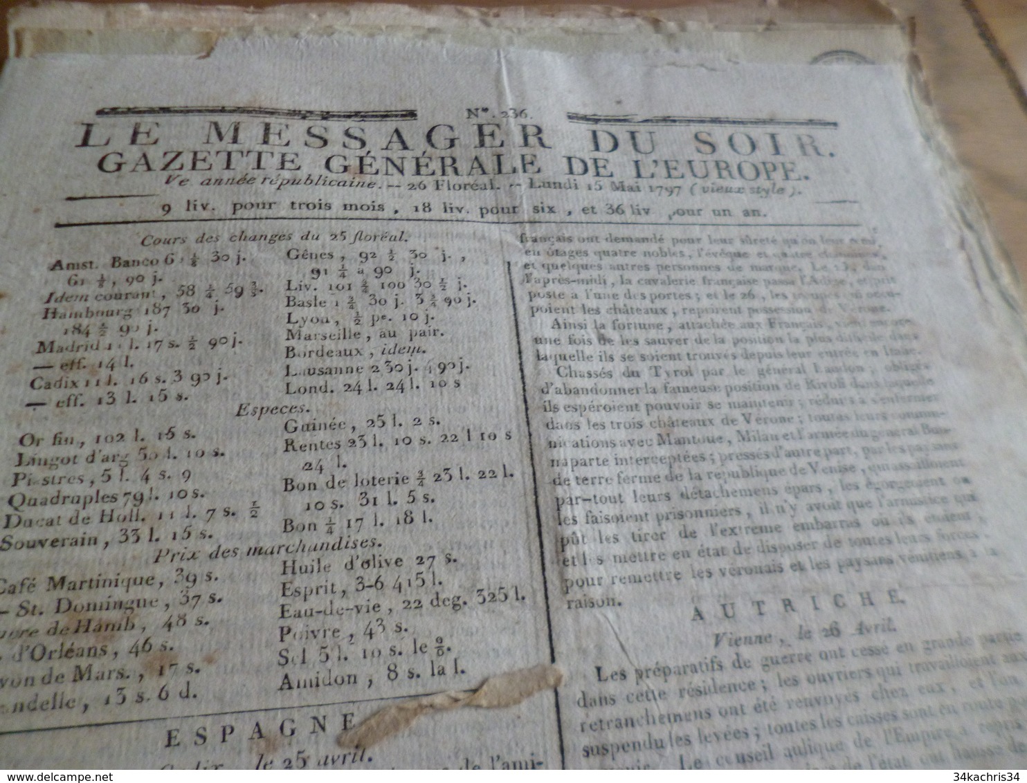 Journal Révolution Le Messager Du Soir Gazette Europe N°236 15/05/1797 France,Espagne , Italie,Autriche,Allemagne - Periódicos - Antes 1800