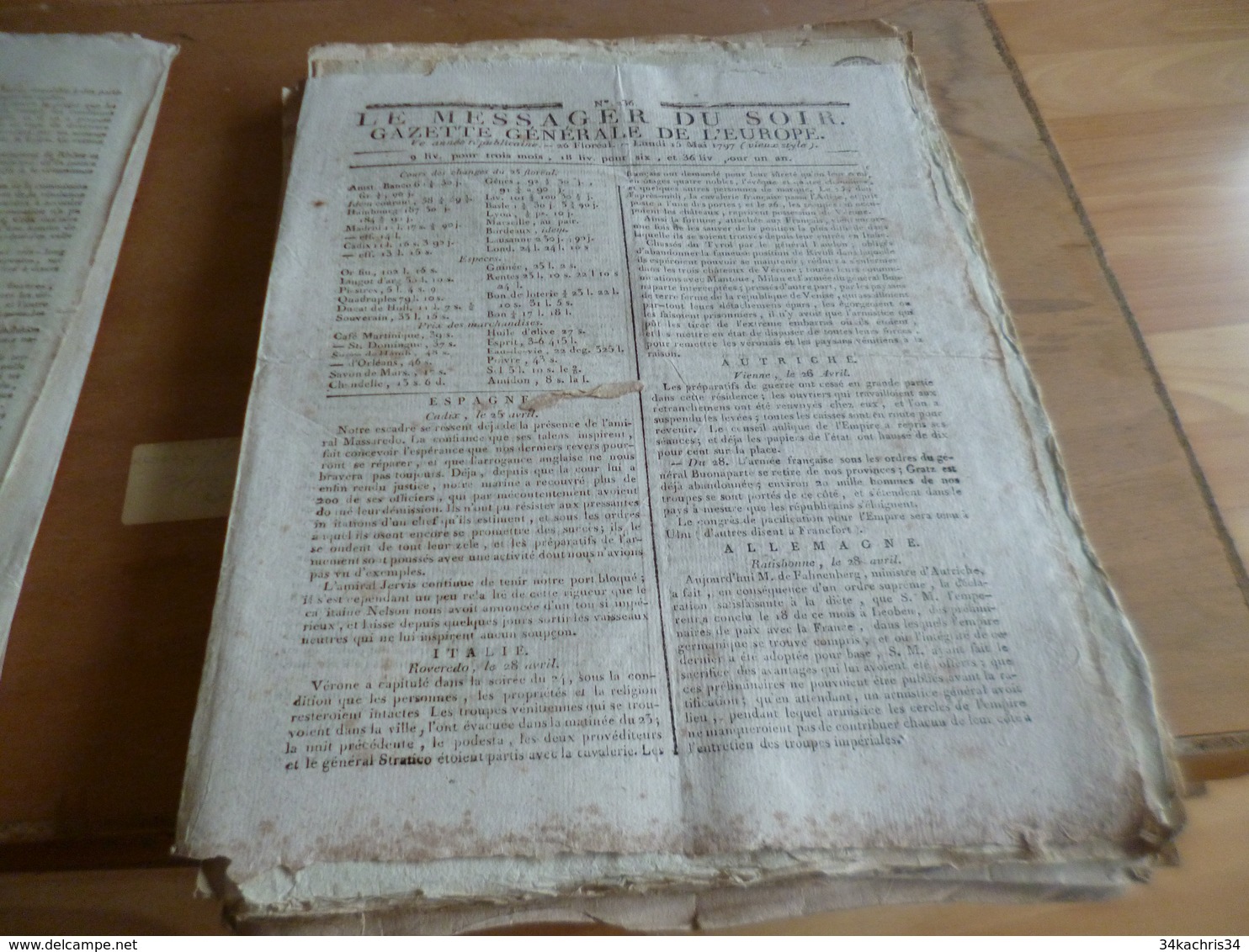 Journal Révolution Le Messager Du Soir Gazette Europe N°236 15/05/1797 France,Espagne , Italie,Autriche,Allemagne - Journaux Anciens - Avant 1800