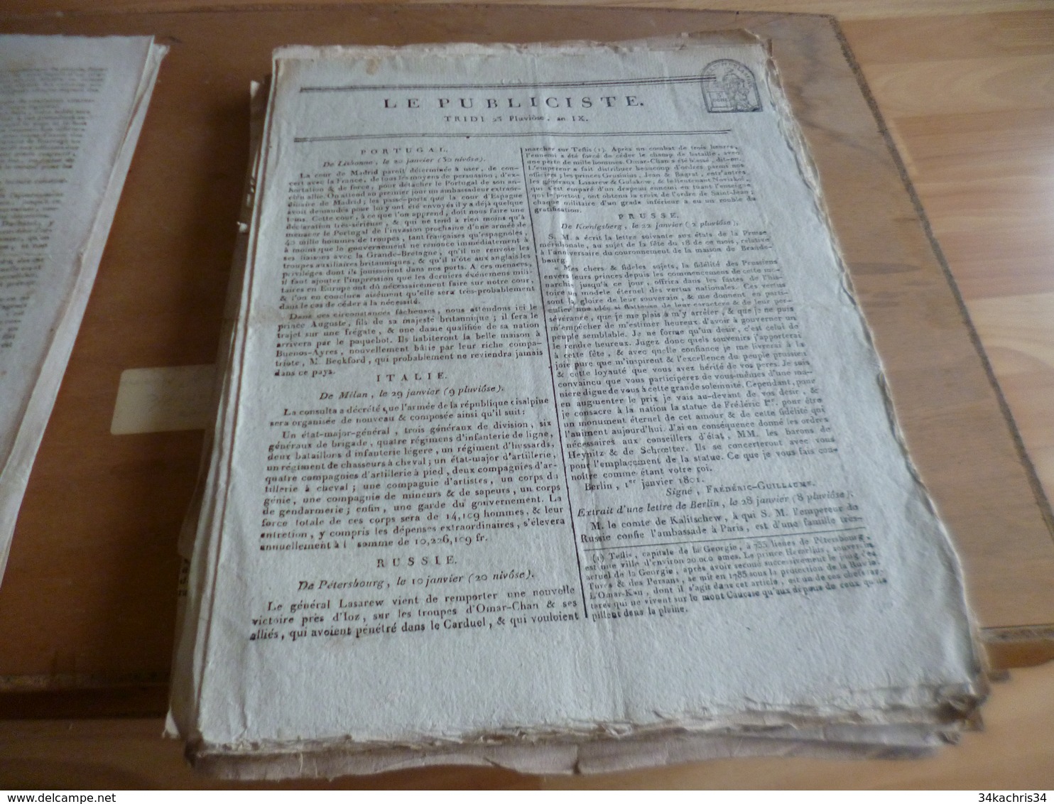 Journal Révolution Le Publiciste 25 Pluviose An IX France, Italie, Portugal, Russie, Prusse,.... - Kranten Voor 1800