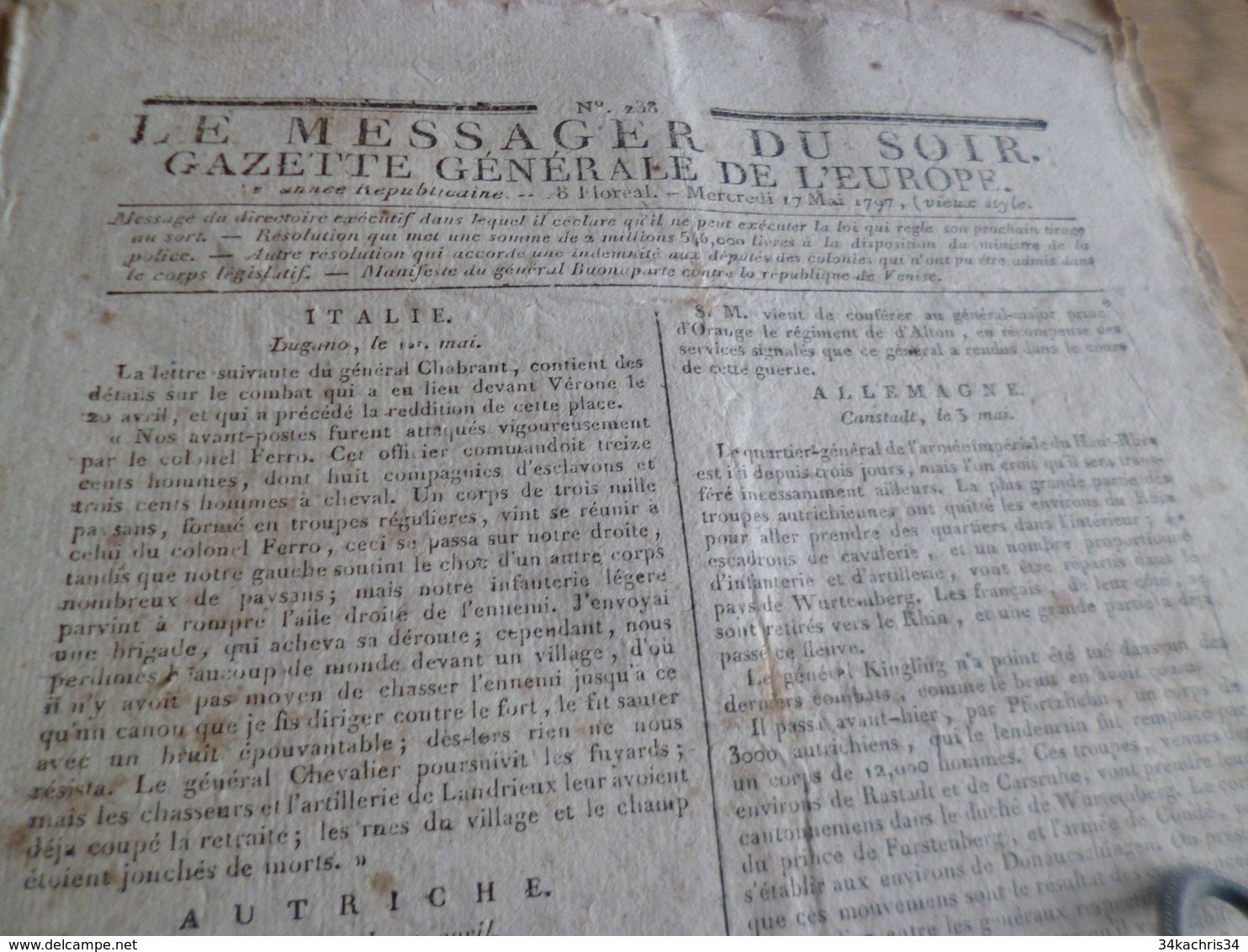 Journal Révolution Le Messager Du Soir Gazette Europe N°238 17/05/1797 France,Italie , Allemagne, Autriche.. - Journaux Anciens - Avant 1800