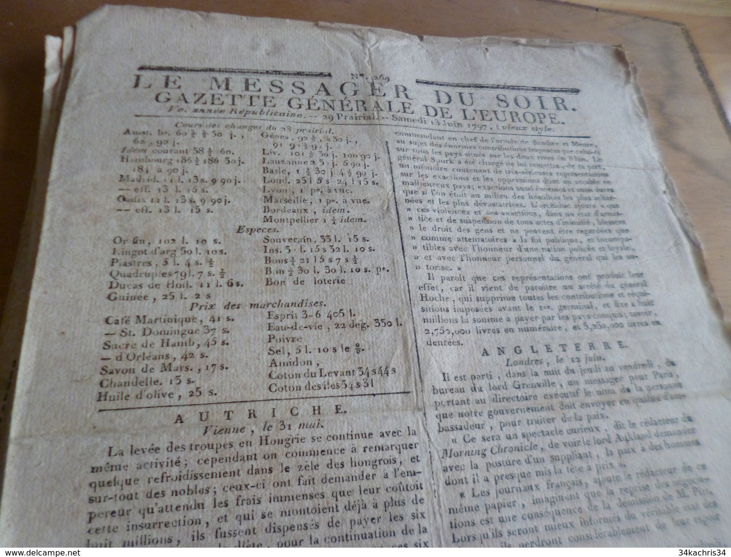 Journal Révolution Le Messager Du Soir Gazette Europe N°269 13/06/1797 France,Angleterre, Allemagne, Autriche.. - Journaux Anciens - Avant 1800