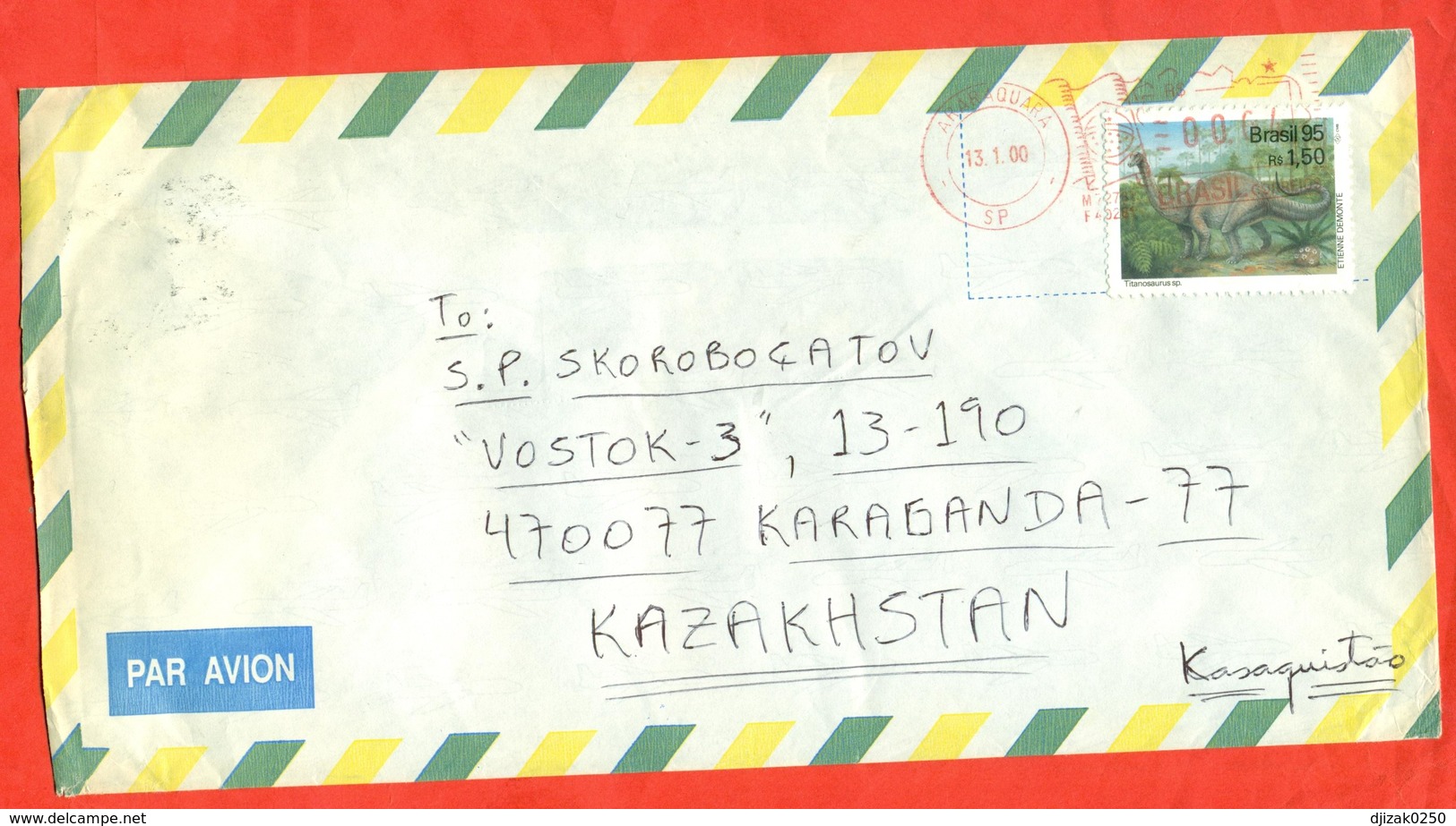 Dinasaurus.Brazil 1995. Envelope Passed The Mail. Airmail. - Vor- U. Frühgeschichte