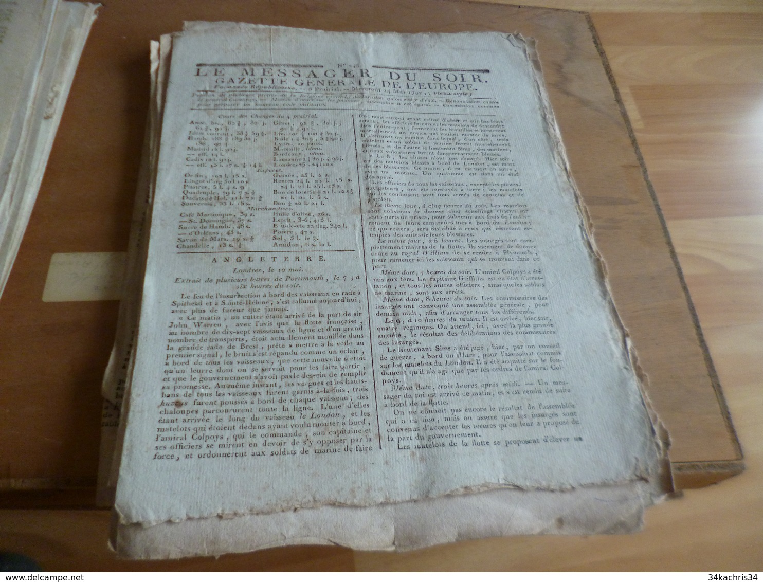 Journal Révolution Le Messager Du Soir Gazette Europe N°245 24/05/1797 France,Angleterre, .. - Journaux Anciens - Avant 1800