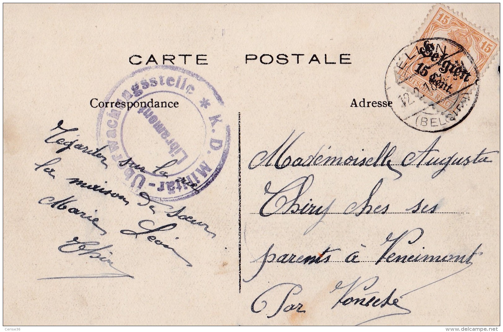 Tellin La Poste Circulée En 1918 Cachet Militaire Voir Verso - Tellin