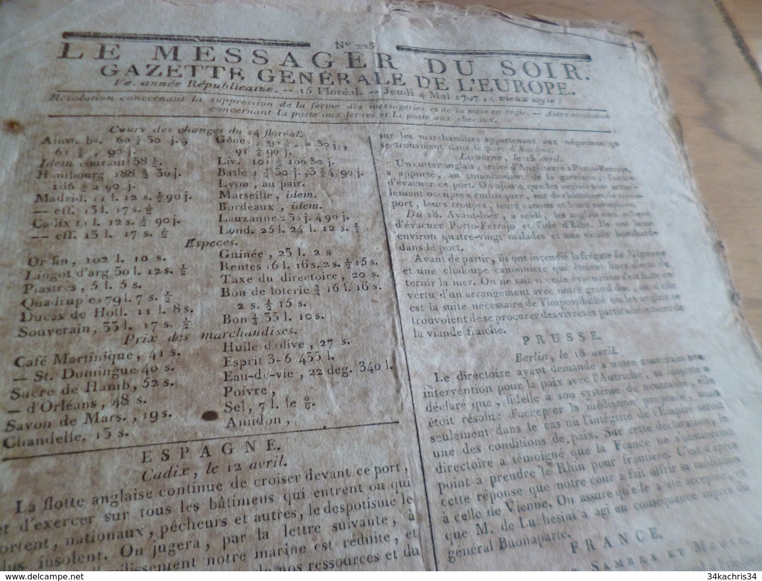 Journal Révolution Le Messager Du Soir Gazette Europe N°225 04/045/1797 France Espagne Prusse Italie - Journaux Anciens - Avant 1800