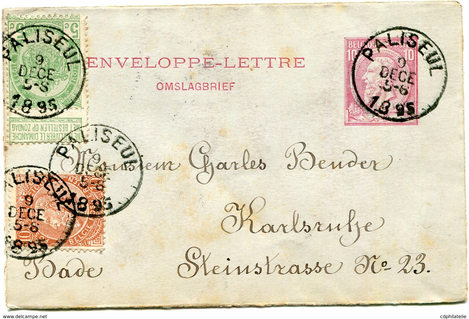 BELGIQUE ENTIER POSTAL AVEC AFFRANCHISSEMENT COMPLEMENTAIRE DEPART PALISEUL 9 DECE 1895 POUR BADE - Enveloppes-lettres