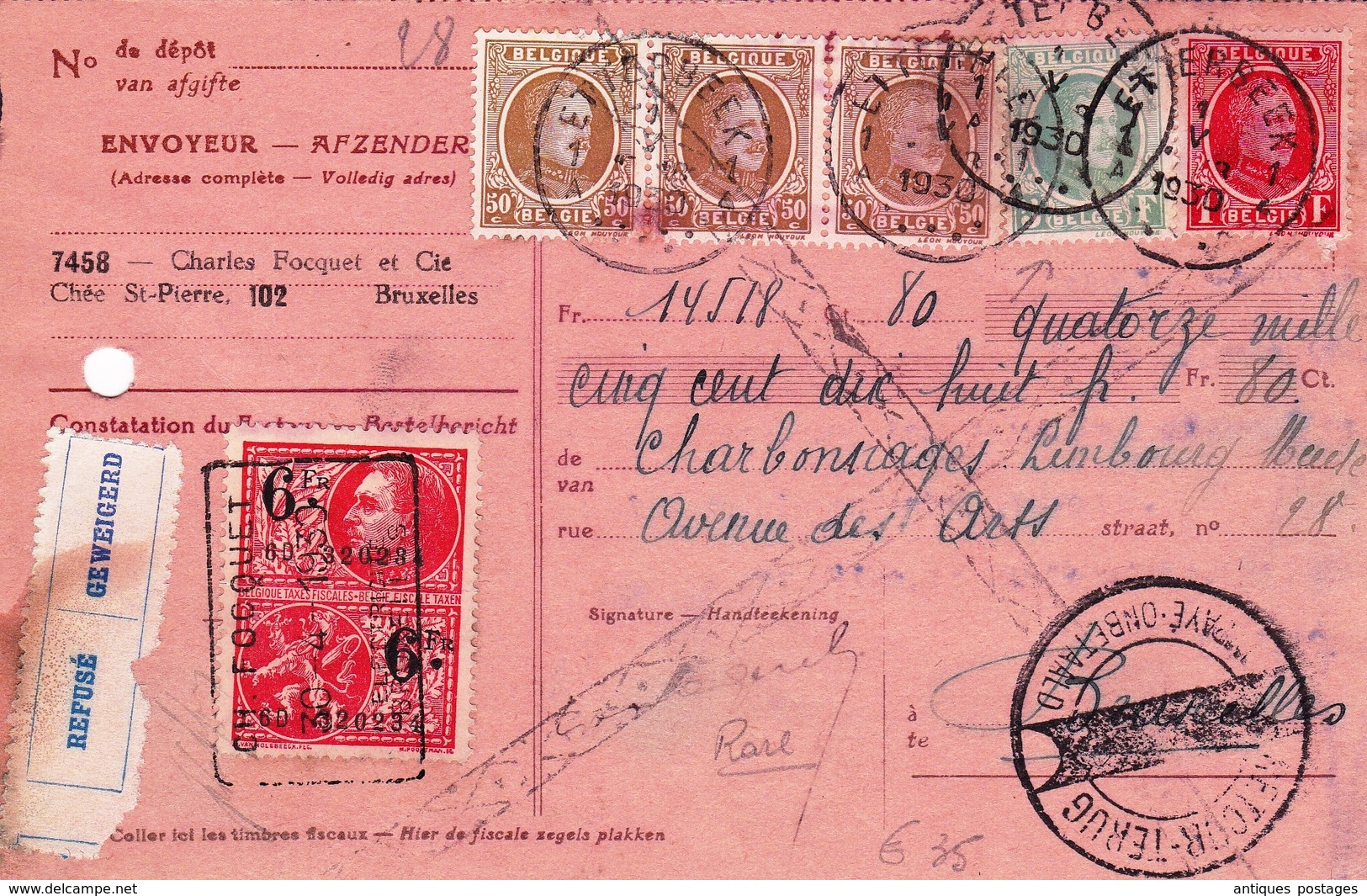 Etterbeek Belgique 1930 Timbres Fiscaux Charles Fouquet Et Cie Bruxelles Paiement Refusé Retour Impayé - Documents