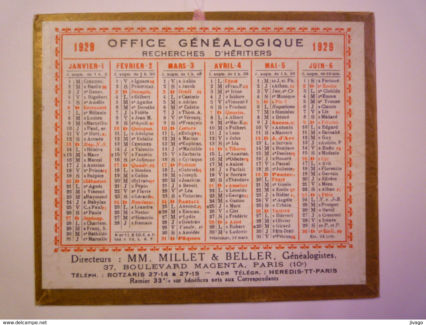 PETIT CALENDRIER  1929  "OFFICE GENEALOGIQUE"   Format  12,5 X 10,5cm   - Petit Format : 1921-40